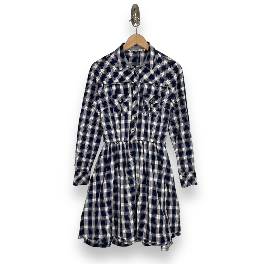 Zara Navy and White Plaid Long Sleeve Shirt Dress - Medium
